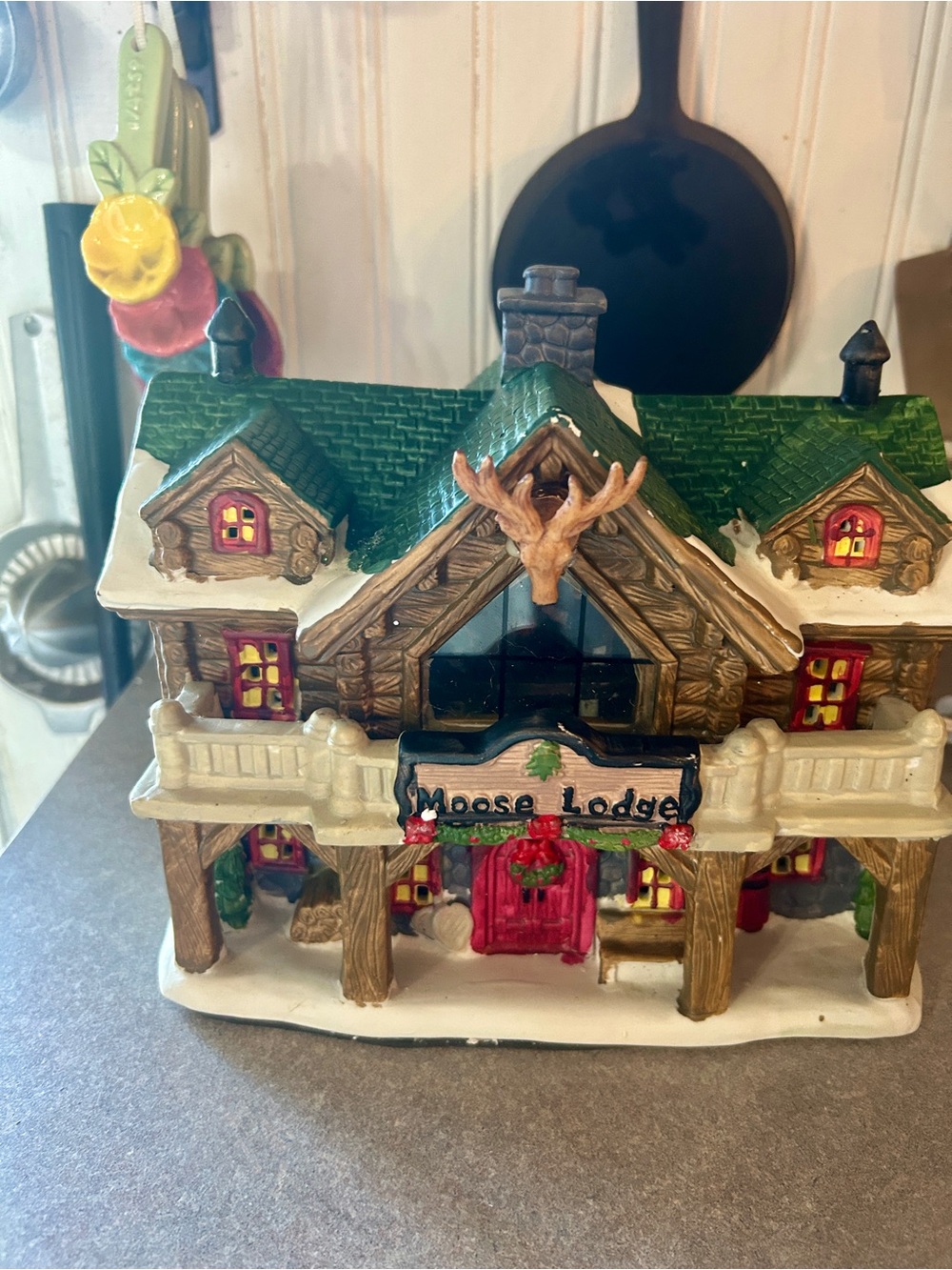 Holiday Time Moose Lodge Decorative House - Green Roof, Red Door, Brown Lodge